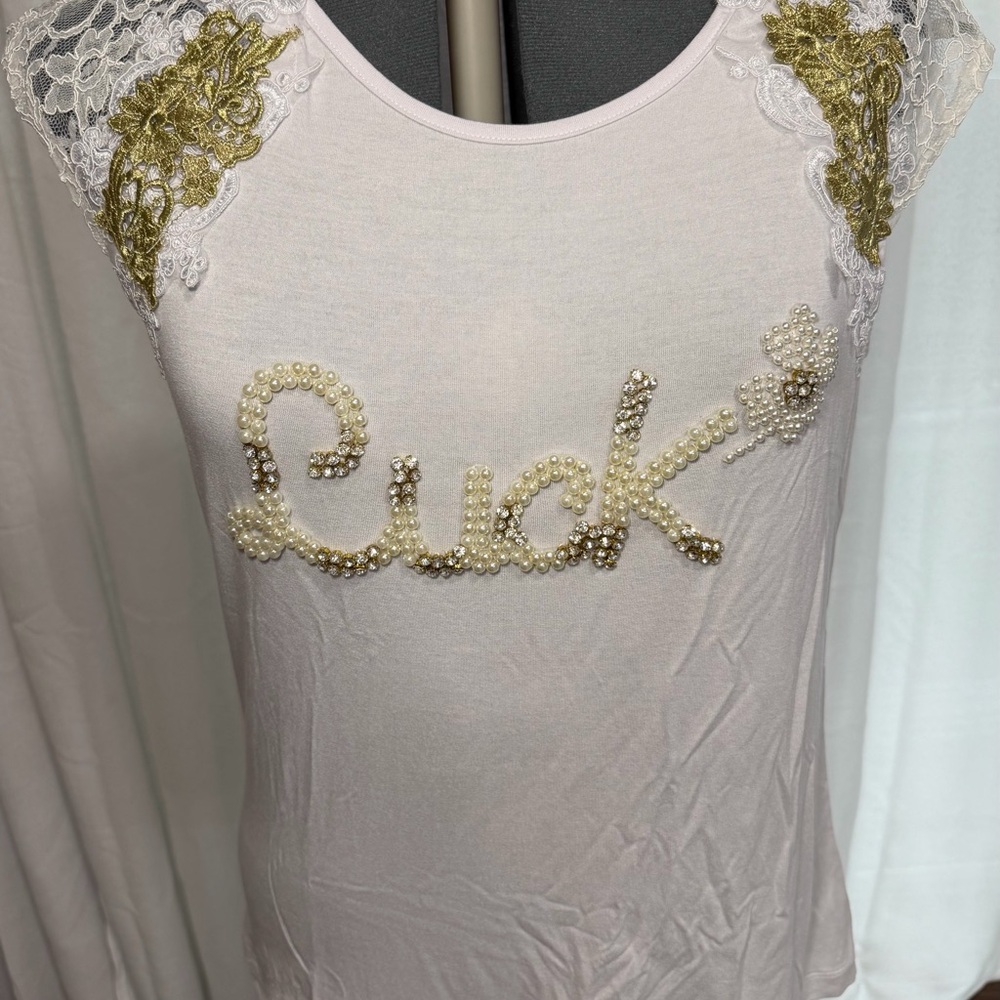 Elegant White Tank Top with Gold Lace and Pearl Accents